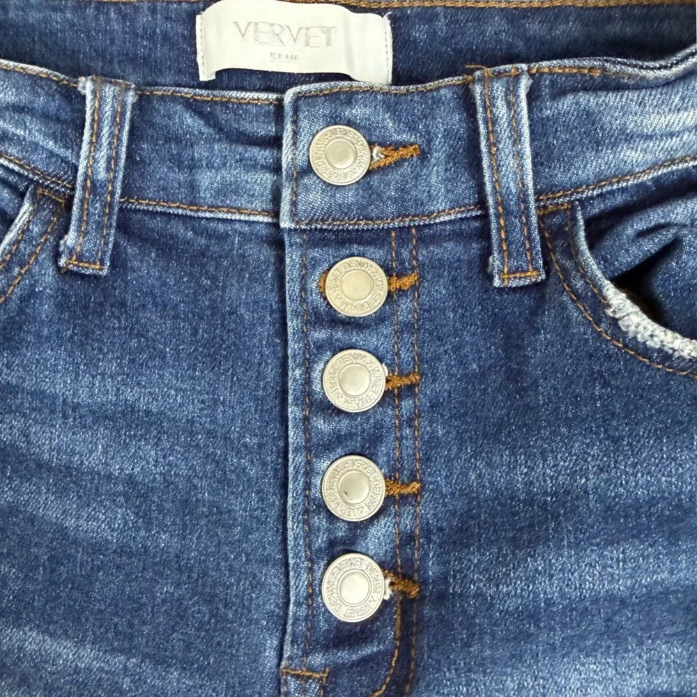 Vervet Blue Distressed High Rise Skinny Jeans Dark Wash Button Fly Size 29 T5023